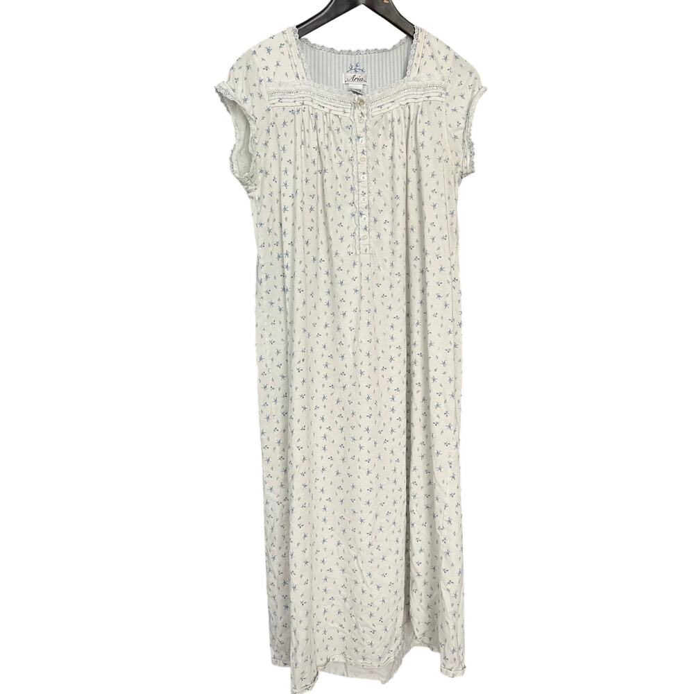 Vintage Aria Cotton Nightgown M Blue Floral Lace Long Cottagecore Sleep Dress